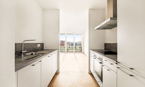 Moderne weiße Küche mit Edelstahlspüle, Herd, Backofen und Dunstabzugshaube, Blick auf Balkon mit Glasgeländer